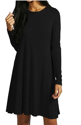 AJFASHION Women Long Sleeve Swing Dress Ladies Casual Flared A Line Skater Dress Top Size Black 16/18