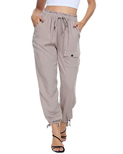andy & natalie Women\'s Elastic Waist Pants Drawstring Cargo Paper Bag Pockets Ankle Tie Jogger Sweatpants Trouser Khaki
