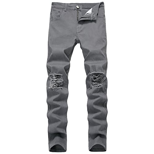 Men's Ripped Distressed Destroyed Jeans Stretch Vintage Hip Hop Jean with Holes Straight Leg Slim Fit Denim Pants (Dark Grey,38)