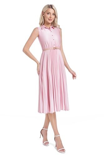Image of Elegant Satin Midi Dress for Women Slim Long Belted Formal Business Work Casual Dresses
