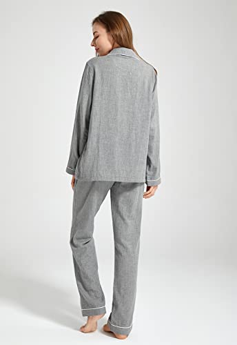 Image of Women's Pajama Set 100% Double Gauze Cotton Linen Like Super Soft Comfy Button Down Sleepwear (Long Sleeve, Medium Grey, Extra Large)