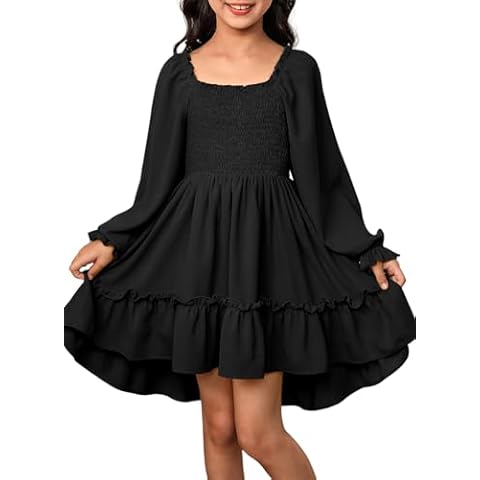 blibean Tween Girl Fall Ruffle Long Sleeve Dress Big Kid Solid Casual Boho Fancy Party Smocked Dresses Young Semi Formal Swing Dressy Outfit Clothes Size 12-13 Year Old Black Cover