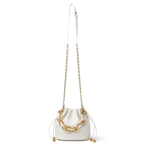 Image of DORIS&JACKY Small Top Handle Bucket Bag, Designer Lambskin Drawstring Crossbody Purse with Chunky Chain Tote Strap