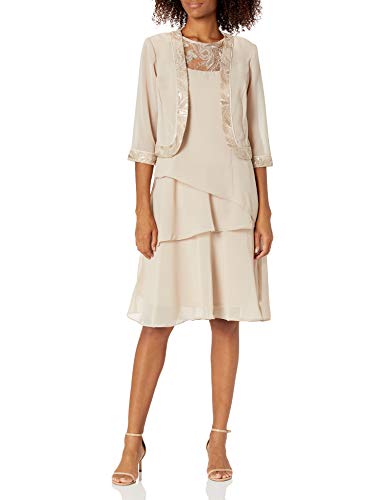Le Bos Women's Embroidered Trim Layered Jacket Dress, Champagne, 16