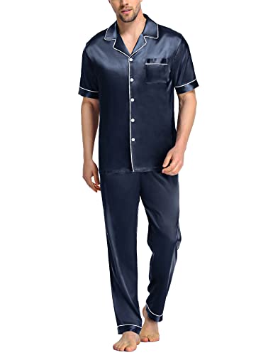 Image of SWOMOG Mens Satin Pajama Set Short Sleeve Classic Sleepwear Button Down Silky Loungewear with Long Pants