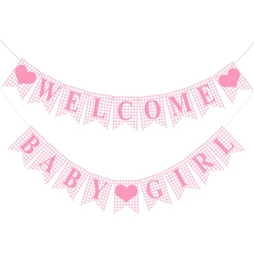 Hahafelt 1 Pcs Pink Gingham Welcome Baby Girl Banner for Baby Shower Party Decorations Pink Pre Strung Its a Girl Gender Reveal Paper Banner for Table Wall Mantel Display Party Decor Supplies