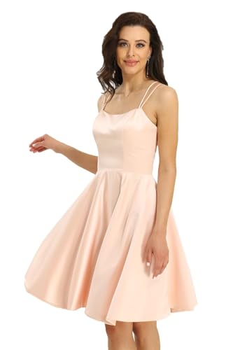 Image of Homecoming Dresses for Teens Knee Length Spaghetti Strap with Pockets Satin Backless Prom Dress
