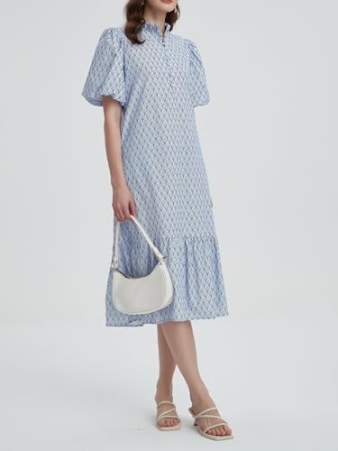 Image of Summer Floral Midi Dress for Women Spring Puff Short Sleeve Button Down Flowy Boho Dresses