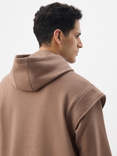 Image of The Souled Store Desert Dune Men and Boys Full Sleeves Hooded Neck Brown Solid Cotton Blend Oversized Fit Winter Hoodie