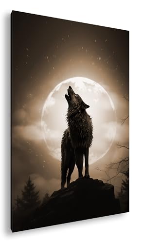 Tableau loup hurle à la lune géante 100x70 cm déco murale sépia sur cadre bois véritable