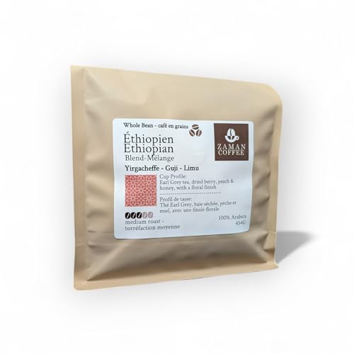 Ethiopian Whole Bean Coffee – Blend of Yirgacheffe, Guji, Limu – Earl grey tea, dried berry, peach & honey, floral finish – Medium Roast–Fresh Small-Batch Roasted in Canada–100% Arabica Beans | 454G