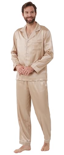 YIMANIE Mens Pajamas Silk Satin Pajamas for Men Soft Sleepwear Button Down Loungewear with Pockets