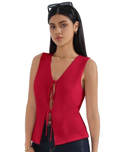 SUUKSESS Women Tie Front Top Sweater Vest Summer Vacation Outfits Trendy Tops Vest Y2K Tank Tops3