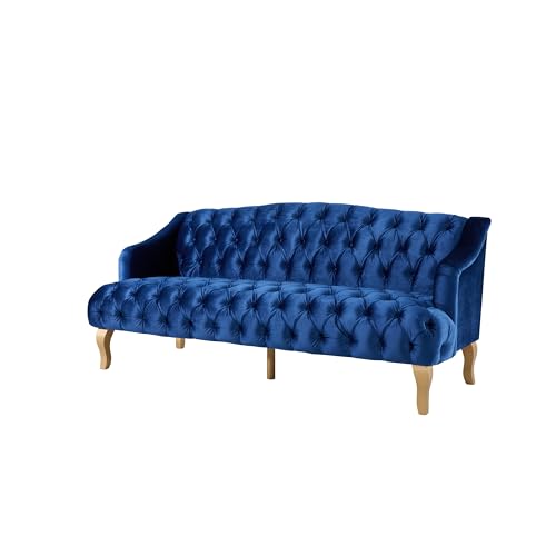 Image of Merax 3 Seater Velvet Couch Sofa with Hi-Back & Solid Wood Birch Legs, Mid-Century Modern Style Deep Seat Upholstered Couches for Living Room, Bedroom, Apartment Furniture, Dark Blue