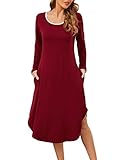 KOJOOIN Damen Nachthemd Langarm Nachtkleid Sexy Lang Nachtwäsche Casual Schlafhemd Loose Negligee Sleepshirt（Verpackung MEHRWEG） Winerot,M