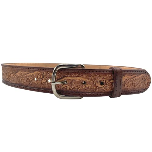 Needzo Trail Rider Decorative Leather Belt, Intricate Carved Designs, Western Cowboy Apparel for Men and Women, Utility Tool Belts, Country Themed Wild West Gifts, Made in Mexico, Size 36
