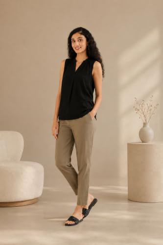 Image of SAADAA Women Cotton Pant Regular Slim Fit Mid Rise Trouser, Pocket Pants for Office School Formal Casual Daily Use