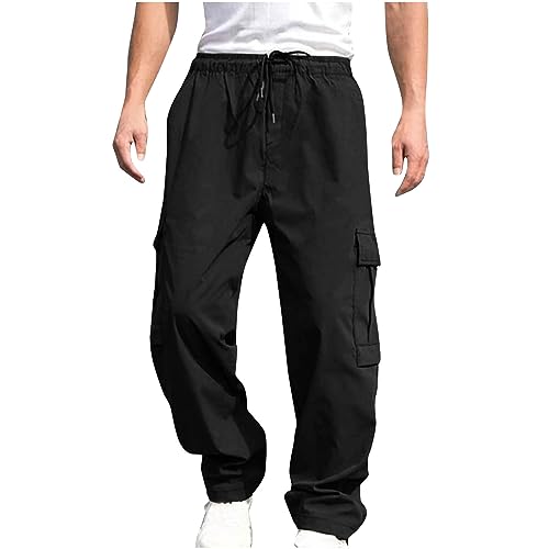 Men's Drawstring Cargo Pants Casual Wide Leg Straight Trousers Fashion Loose Fit Outdoor Sports Pants with Pockets