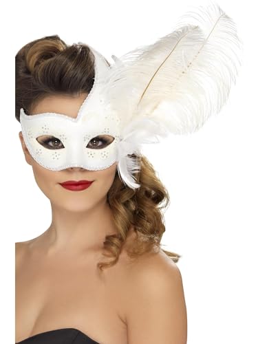 Image of Smiffys Ornate Columbina Eyemask, White with Feather, Eyemasks Fancy Dress, Cosmetic Dress Up Eye masks