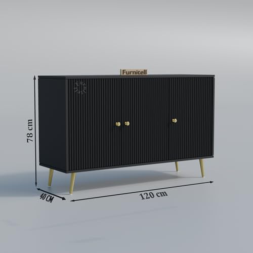 Image of Wooden Storage Cabinet for Living Room & Bedroom | Fluted Design Sideboard Cabinet with 3 Doors Storage Unit | Multipurpose Organizer for Entryway | HDMR Premium Wood | Gold Legs (Black)