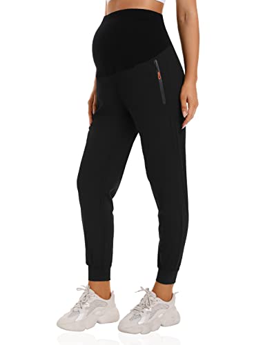 Foucome Womens Maternity Joggers Quick Dry Zipper Pockets Scrub Pants Pregnancy Sweatpants (Black Medium)