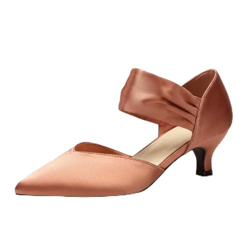 GotSoft Womens Low Kitten Heels Pointed Toe Slip on Pumps Ankle Strap Elegant Party Wedding Dress Shoes, Rose Gold, Size 9