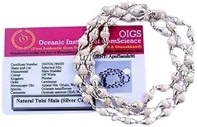 White Tulsi Mala in Silver Designer Caps (5 Mm, 55 Beads) - Natural White Tulsi Beads - Pure Silver - Pack of 1