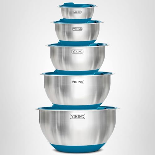 Viking Mixing Bowls Set, 10 Piece Stainless Steel Kitchen Cookware, Non-Slip Silicone Base, Includes Tight Fit Lids, Dishwasher Safe, Blue