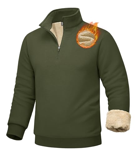 MAGCOMSEN Mens Sherpa Pullover Quarter Zip Fleece Lined Sweatshirt Winter Long Sleeve Cotton Golf 1/4 Zip Pullover Tops Army Green L