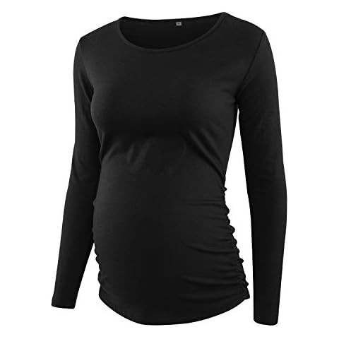 L PATTERN Women's Maternity Tops Long Sleeve Crew Neck Ruched Pregnancy Classic Shirt Black Cover