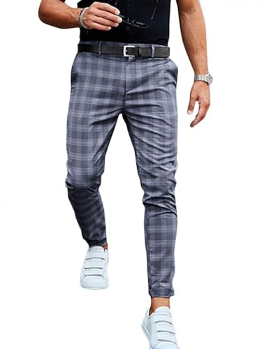 Onsoyours Pantalón para Hombre Chino Casual Jogging Slim Fit Largos Deportivos Jogger Pants Impresión a Cuadros Trouser Slim Fit Pantalones Gris Oscuro S