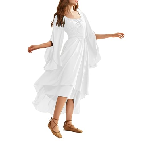 Mittelalter Kleidung Damen Übergröße A-Linie Schnüren Maxi Kleider Einfarbig Renaissance Corsagenkleid Rundhals Langes Freizeitkleid Vintage...