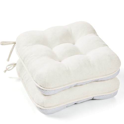 BETU White Chair Cushions for Dining Chairs Set of 2,3.5" Thick Kitchen Table Chair Pads with Ties,Non Slip Backing and Covers, Seat Cushion for Dining Room,Bar,Patio Chairs,15.5"X15.5"X3.5",White