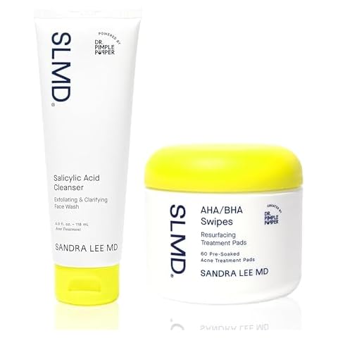 SLMD by Dr. Pimple Popper | Salicylic Acid Cleanser 4 fl oz & 60 AHA/BHA Swipes | Exfoliating Gel Cleanser & Resurfacing Pads Treats & Prevents Acne Unclog Pores, Brighten Skin, Minimize Aging Signs Cover