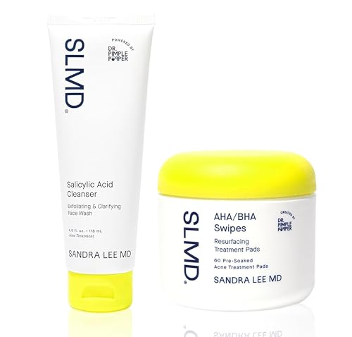 SLMD by Dr. Pimple Popper | Salicylic Acid Cleanser 4 fl oz & 60 AHA/BHA Swipes | Exfoliating Gel Cleanser & Resurfacing Pads Treats & Prevents Acne Unclog Pores, Brighten Skin, Minimize Aging Signs