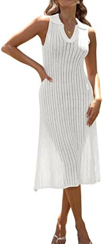 MEROKEETY Womens Bathing Suit Cover Ups Hollow Out Knitted Sleeveless Sexy Long Beach Dresses, OffWhite, S