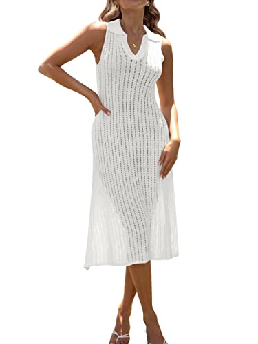 Merokeety Womens Bathing Suit Cover Ups Hollow Out Knitted Sleeveless Sexy Long Beach Dresses, Offwhite, S #TOP3
