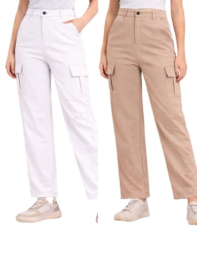 Image of Women's Cargo Pants High Waisted Baggy Wide Leg Cargo Trousers Casual Loose Fit 4 Pocket Utility Streetwear Fashion Work Bottoms, White Black Pink Lavender Beige Brown