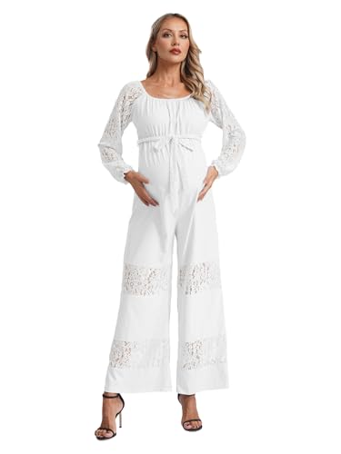 Choomomo Mono de maternidad para mujer embarazada, elegante, de encaje, festivo, largo, pierna ancha, pantalones elegantes, mono, fiesta, boda, traje de pantalón, beige, L
