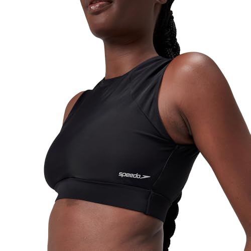 Speedo Women's Solid Crop Top with Mesh, Anthracite, XX-Small