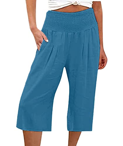 ebossy Women's Smocked High Waist Cotton Linen Wide Leg Capri Pants with Pockets
