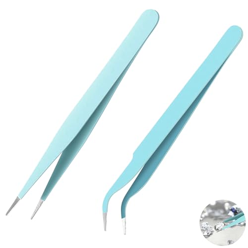 Set of Stainless Steel Craft Tweezers Multipurpose Straight Curved Precision Tweezers for Eyelash Extensions DIY Crafts Nail Art Jewelry Making (Blue)