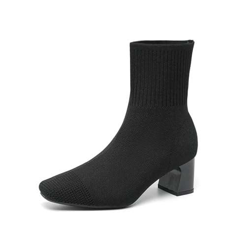 Women’s Elastic Knit Block Heel Ankle Boots Square Toe Slip On Breathable Casual Chunky Heel Sock Booties Comfort Fall Winter Dress Womens Boots