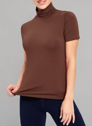Image of AUHEGN Women's Mock Turtleneck Top Short Sleeve Lightweight Active T-Shirt (S-XXL)