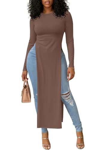 OPOIPIN Women's Crew Neck Split Slit Hem Long Sleeve Slim Fit