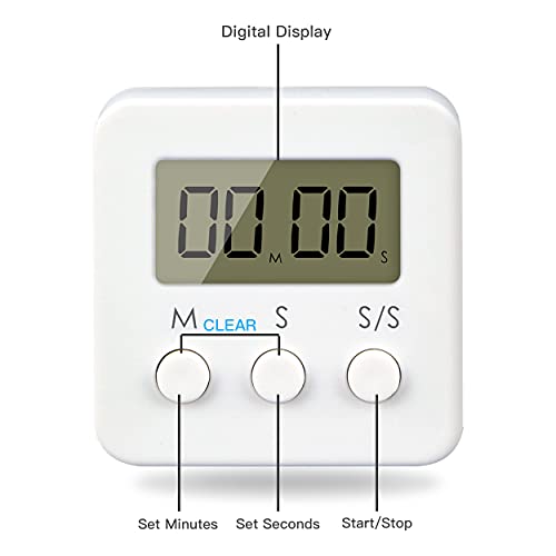 3 Piezas Temporizador de Cocina Digital,Temporizadores con Alarma Fuerte y LCD para cocinar, Hacer Ejercicio, Aprender-Color Blanco