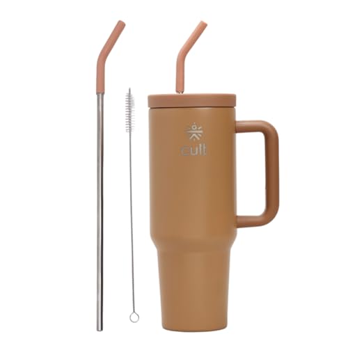 Image of Cult 1200ml Stainless Steel Insulated Tumbler with Handle, Straw & Cleaner Double Wall Vacuum Bottle for Hot & Cold Drinks Leakproof Travel Mug Reusable for Gym, Office & Travel Brown