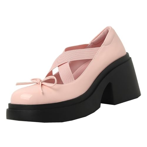 Women’S Patent Leather Bow Chunky Heel Mary Jane Pumps,Comfort Round Toe X-Strap Block Mid Heel Dress Shoes,for Casual Party Uniform shoes