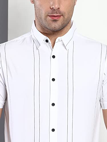 Image of Dennis Lingo Men's Striped Slim Fit Cotton Casual Shirt with Spread Collar & Half Sleeves