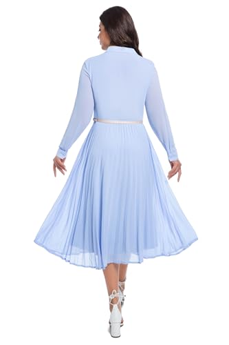 Image of Business Casual Shirt Dress for Women Long Sleeves Pleated Midi Dresses with Belt